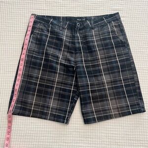 Hurley Men's Black and Navy Plaid Flat Front Shorts